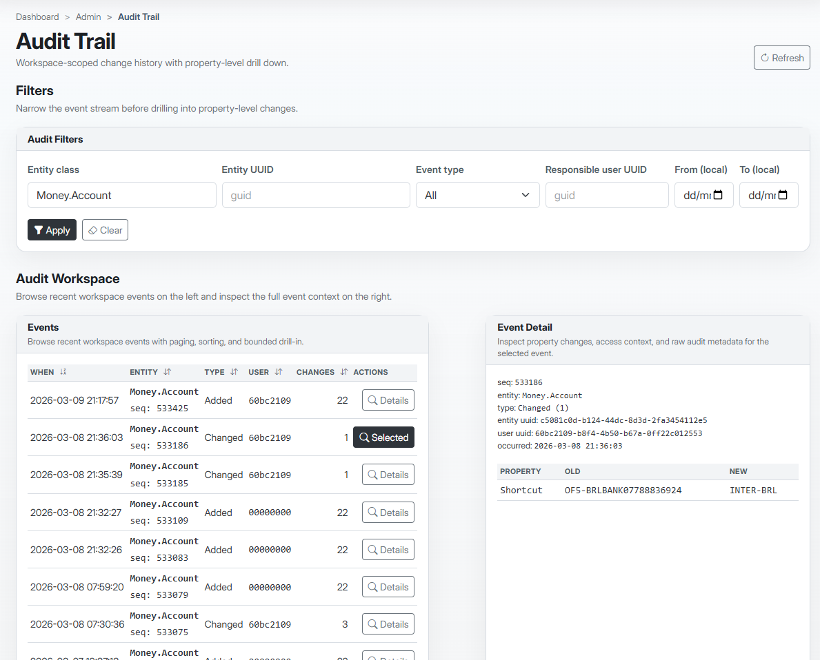 CRX•Money audit trail showing filters, event history, and detailed operational traceability.