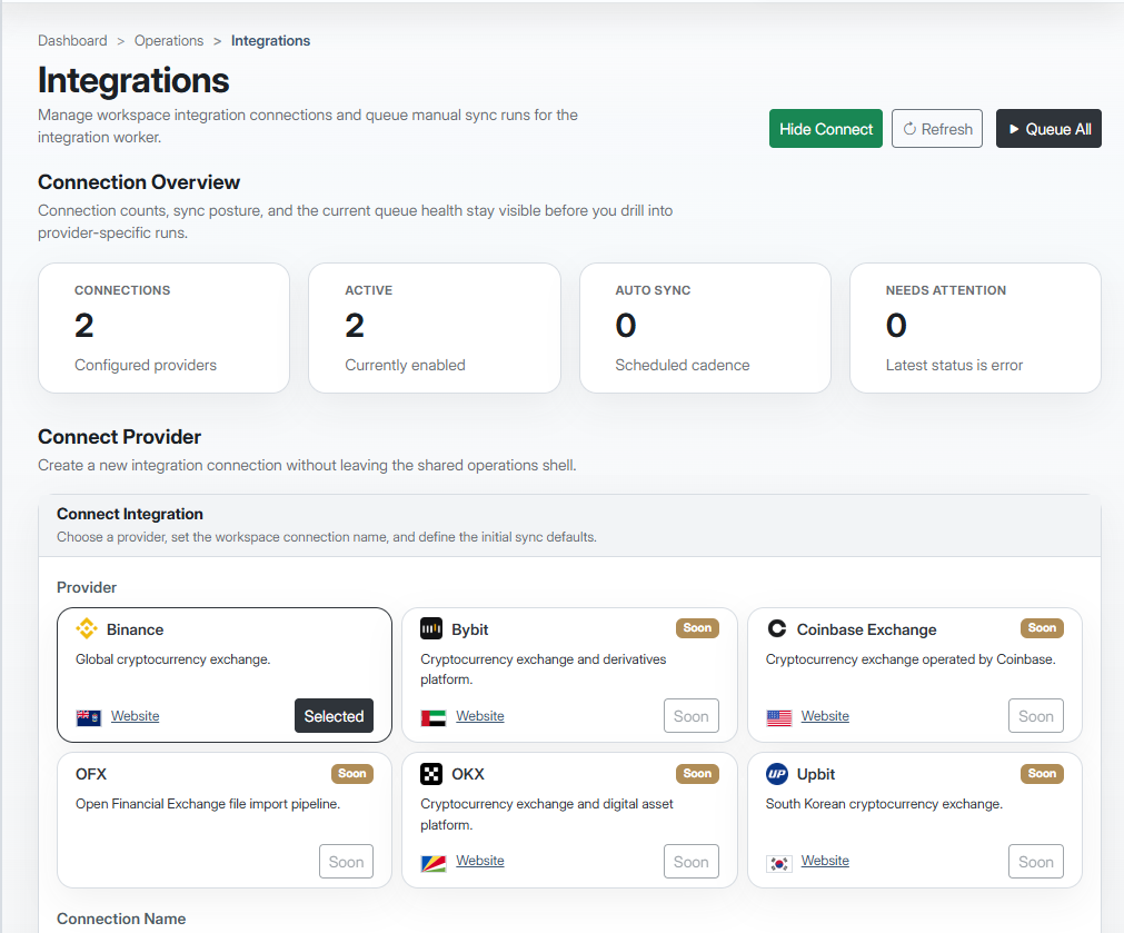 CRX•Money Connect Provider surface showing the integrations workflow and available exchange connectors.